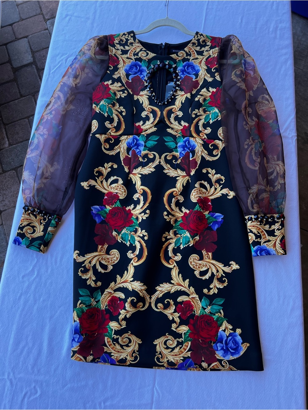 Boston Proper Black Floral Baroque Sheath Dress with Sheer Sleeves